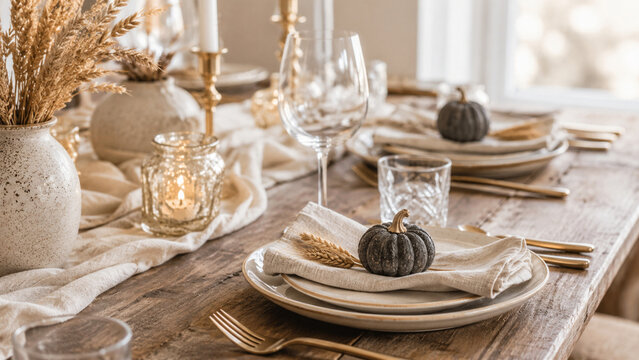 Elegant dining table set with golden cutlery and dark grey pumpkins for a sophisticated autumn celebration