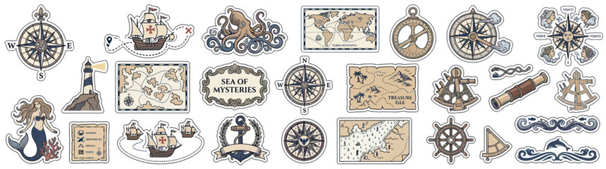 Nautical vintage elements, compass, maps, ships, lighthouse, mermaid © Entus