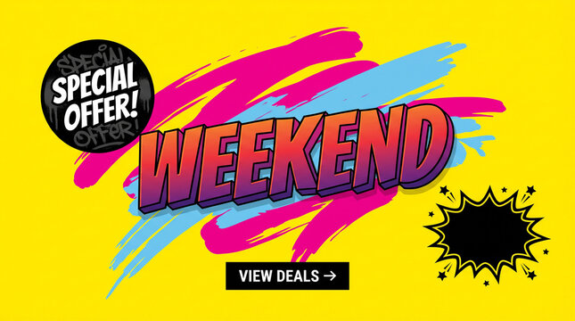 Colorful weekend special offer graphic with vibrant paint brush strokes on yellow background including black speech bubble and view button.