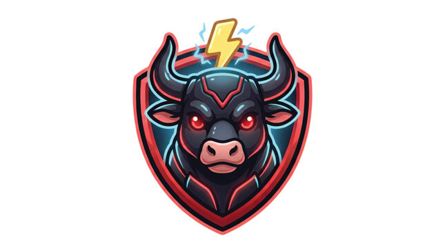 Angry bull esports mascot logo with lightning bolt on shield background