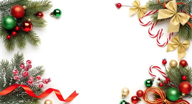 Christmas background with fir branches, red and green baubles, candy canes, golden bows and red ribbon isolated on white background