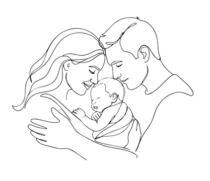 Happy family holding newborn baby continuous line art vector illustration.