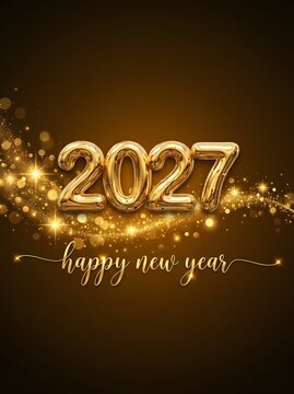 Elegant Happy New Year 2027 typography with 3D golden numbers, bokeh lights, and sparkling glitter on a dark background. Perfect for luxury festive greeting cards and banners.