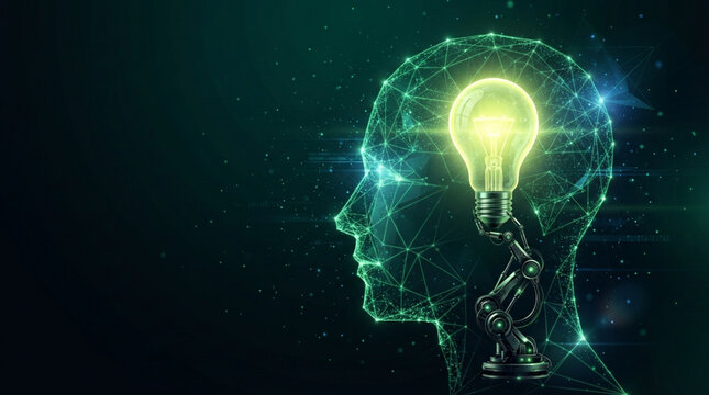 Abstract futuristic head profile with glowing lightbulb idea and robotic arm inside against dark background.
