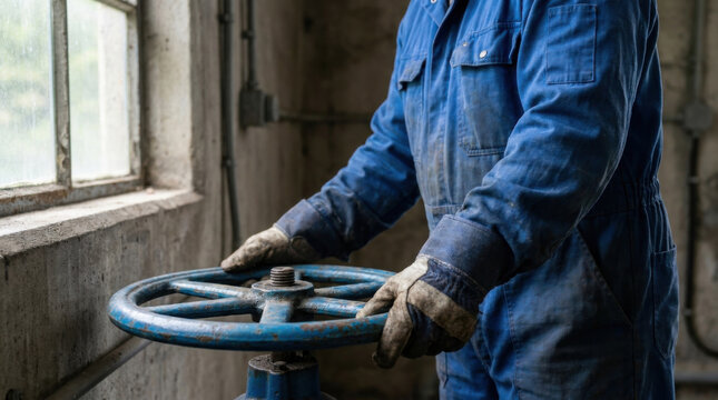 Hydroelectric valve control, close up of worker in blue coverall turning wheel valve in industrial room