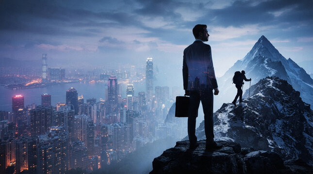 Businessman holding briefcase standing on mountain peak overlooking modern city skyline at night representing corporate success and goals.