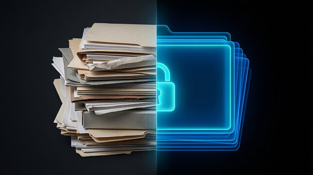 Split view of messy paper documents and secure digital data folder