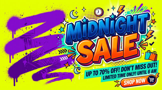Vibrant midnight sale promotion banner with graffiti style typography and colorful pop art elements for night shopping event discounts.