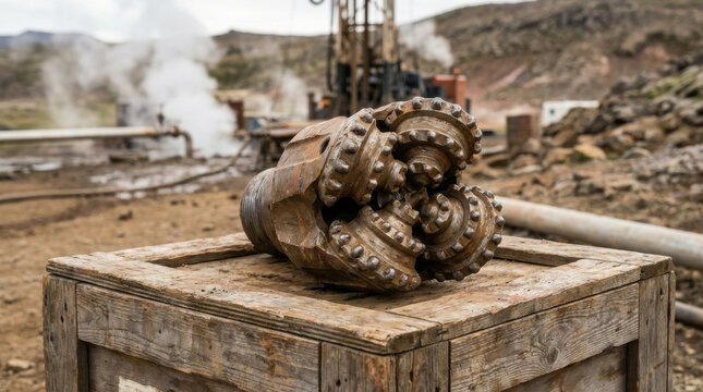 Geothermal drilling bit on wooden crate at steam field, heavy steel tool for deep earth drilling