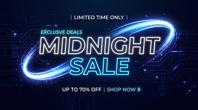 Midnight sale advertisement banner featuring glowing neon typography and futuristic digital circuit lines on dark blue background texture.