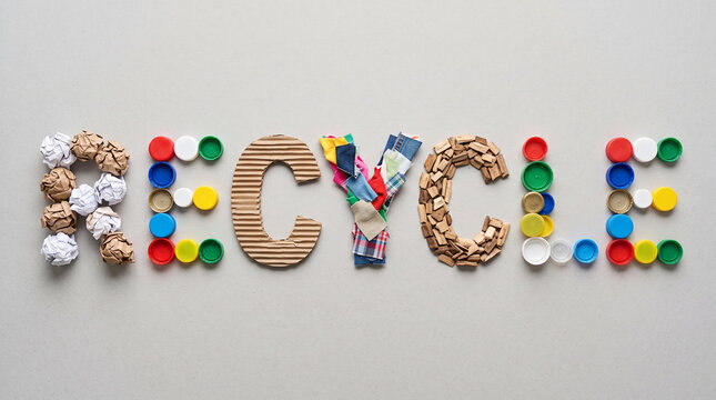 Recycle word concept composed of crumpled paper plastic bottle caps cardboard fabric scraps and wood shavings on light grey surface.