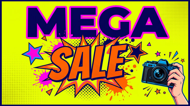 Mega sale colorful pop art style advertising poster with big bold typography and cartoon hand holding professional dslr camera tool.
