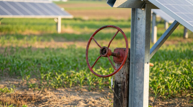 Solar panel farm field wheel metal valve irrigation agriculture energy landscape rural crop green equipment mechanism pipe support structure