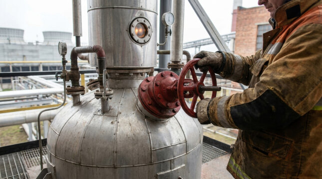 Industrial plant technician valve pressure vessel equipment steel control pipe energy process chemical loop combustion concept close up