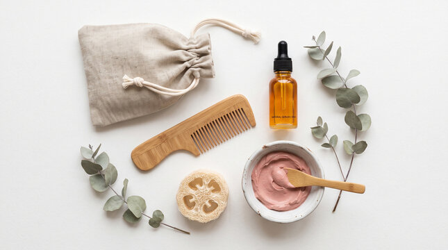 Natural skin care products with pink clay face mask and wooden comb near serum bottle with dropper and linen bag on white flat lay surface.