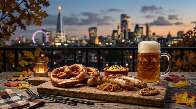 Traditional German meal with sausages, pretzels and beer celebrating Oktoberfest London at sunset with city skyline backdrop