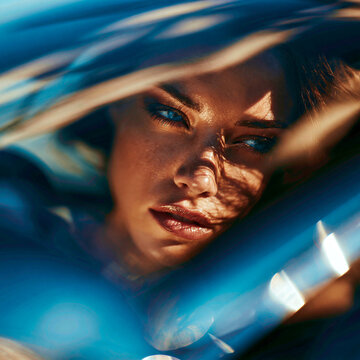 Close-up portrait of a woman looking through glass with blurred blue light reflections