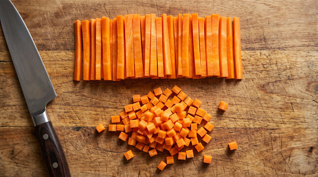 Fresh carrots cut into sticks and small cubes on a wooden cutting board next to a chefs knife, culinary preparation and knife skills concept