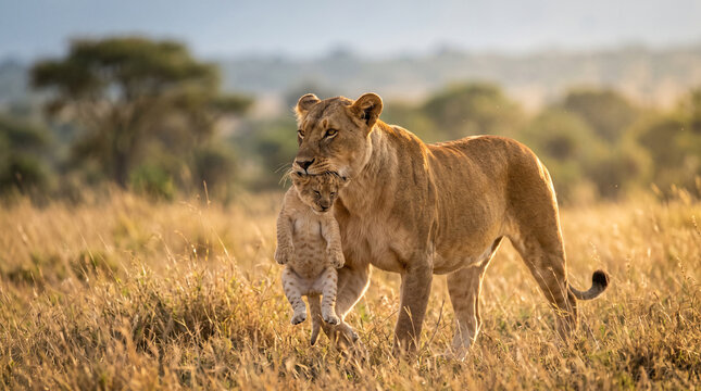 A majestic lioness gently carries her small cub in her mouth through the golden tall grass of the african savanna during a warm sunset