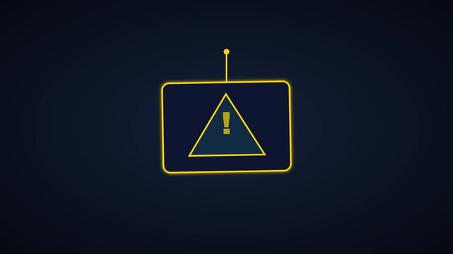 Animated warning sign with glowing yellow border on dark animation 4k background, for digital alerts, and system notifications