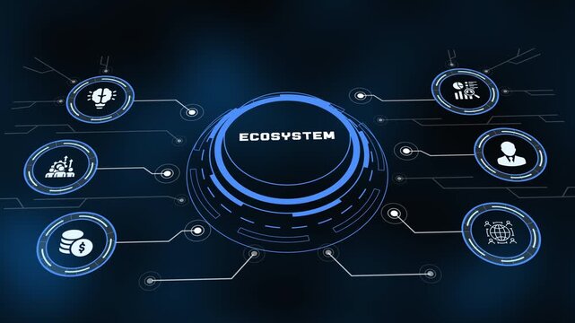 Digital business ecosystem concept with glowing futuristic HUD interface and connected nodes.