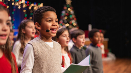 Fototapeta premium Diverse group of children singing in a holiday choir performance on stage with a christmas tree in the background
