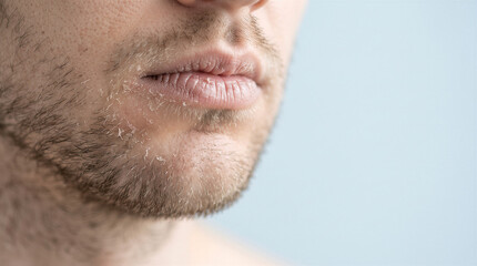 Naklejka premium Closeup of a man with dry, flaky skin around his mouth and beard area, suffering from facial skin irritation or dehydration