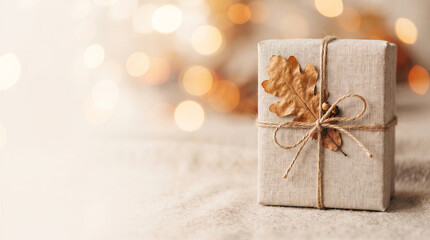 Fototapeta premium Gift box wrapped in beige linen fabric with a dry oak leaf and twine bow, rustic autumn holiday present on a soft bokeh background