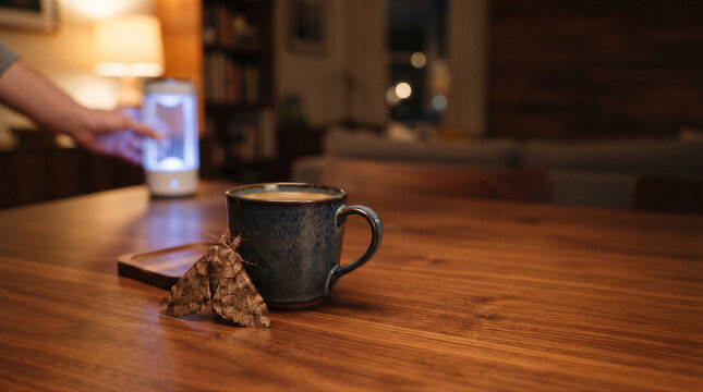 A large moth resting on a wooden table next to a ceramic coffee mug in a cozy, dimly lit living room setting at night