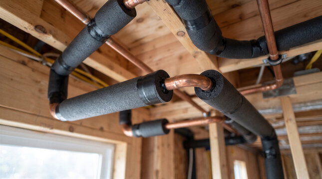 Copper plumbing pipes with black foam insulation installed in the ceiling of a new residential construction project