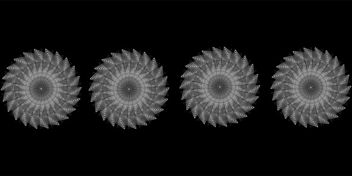 Vector set of twisted black geometry figures. Spirals fractal element. Sacred geometry with lines and rounded corners in the form star, square, decagon.
