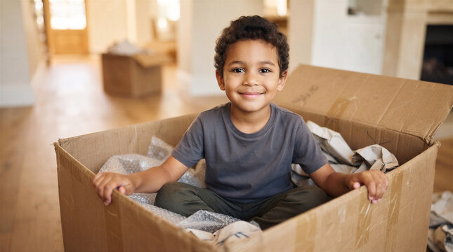 A happy young boy sitting inside a large cardboard box in a living room during a house move, surrounded by bubble wrap and packing paper