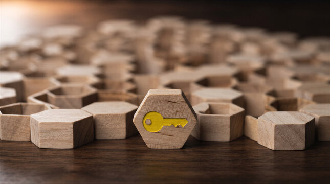 A wooden hexagonal block with a yellow key icon stands out among many other plain wooden blocks on a dark wooden surface
