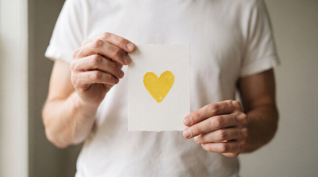 Closeup of a person holding a small white card with a painted yellow heart in their hands, showing love, care, and kindness