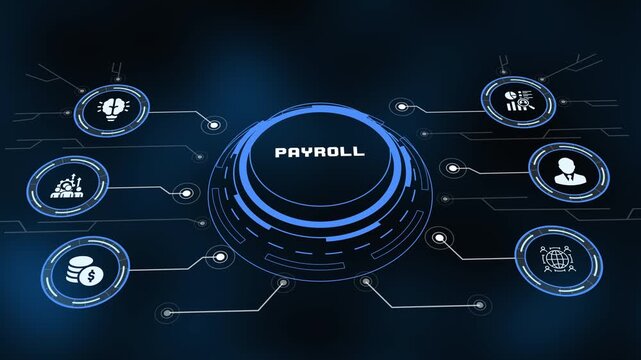 Digital corporate payroll interface with glowing blue HUD technology graphics, finance icons, and network design.