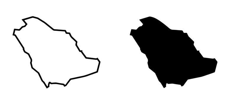Saudi Arabia map outline and solid silhouette vector icon set