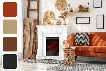 Obraz premium Cozy living room interior with a white fireplace orange sofa and autumn decorations a color palette for design inspiration