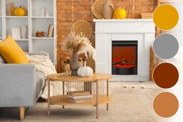 Obraz premium Cozy autumn living room interior with fireplace, sofa, coffee table, and Fall decorations for home comfort