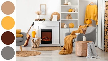 Obraz premium Cozy autumn living room interior with fireplace, pumpkins, and warm knitted blankets for seasonal comfort