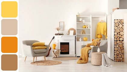 Obraz premium Cozy autumn living room interior with fireplace, armchairs, Pumpkins, and a warm color palette