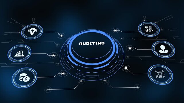 Corporate digital auditing interface with glowing blue HUD tech graphics, analytical icons, and network design.