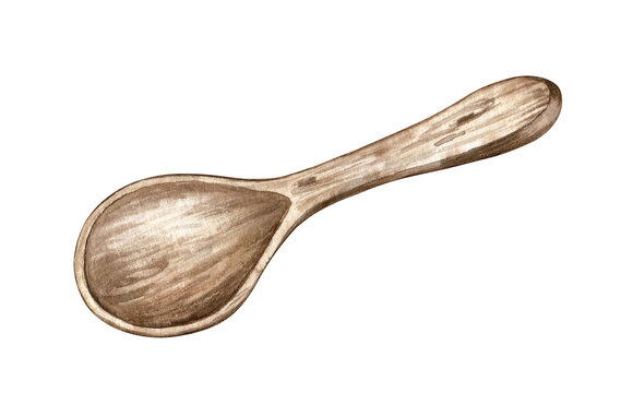Watercolor illustration of a wooden spoon. Hand-drawn rustic style spoon isolated on transparent background. For stickers, recipe books, cookbooks, cards, and more