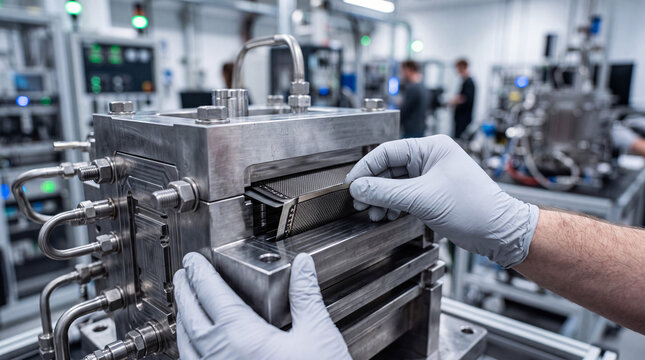 Technician assembling fuel cell stack. Engineer working on hydrogen energy technology device.