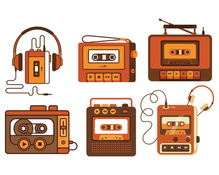 Vector illustration of a vintage portable cassette tape player, 1980s retro walkman style with mechanical buttons, headphone jack, and plastic casing isolated on white background.