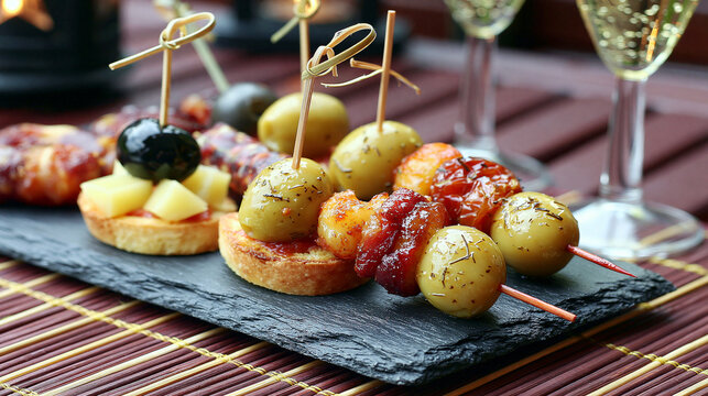 Gourmet appetizer skewers with olives and tomatoes on slate board hors d oeuvre catering