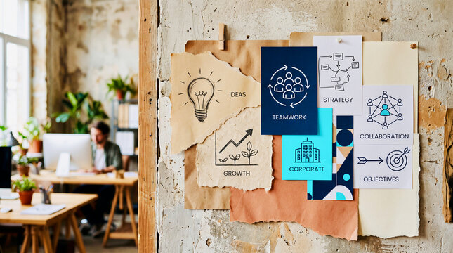 Business concept mood board pinned to a rustic wall in a modern office with a businessman working in the background