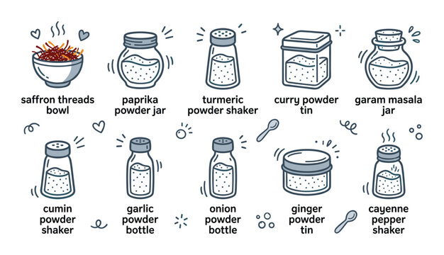 Doodle set of labeled kitchen spice jars, shakers, and seasoning tins