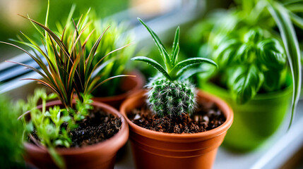 Fototapeta premium Small green succulents and cactus plants in terracotta pots on windowsill with succulents