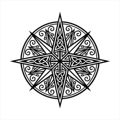 Intricate circular compass star design with celtic knotwork patterns nautical direction navigation geometric ornamental decorative illustration traditional heritage intricate detailed © Romzain