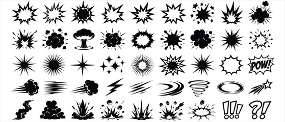 Collection of comic book action explosion elements with explosion movement collection speedlines illustrative isolated background intensity dramatic © Romzain